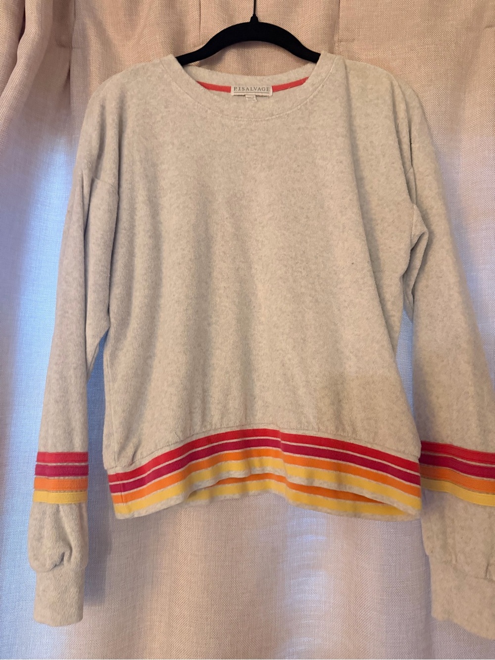 P.J. Salvage Light Gray Crewneck Sweater with Red Orange Yellow Stripe Trim